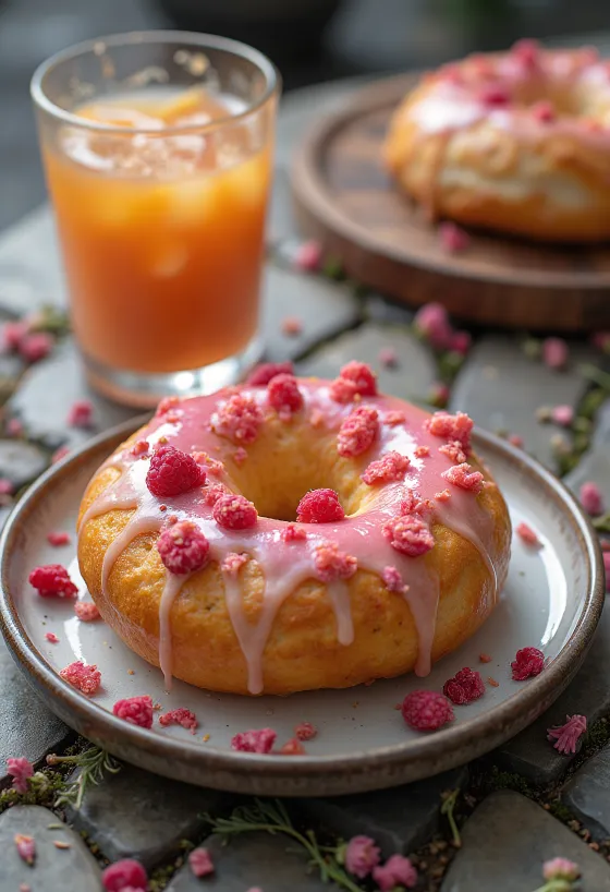 Bagel hoa hồng mâm xôi trên khay