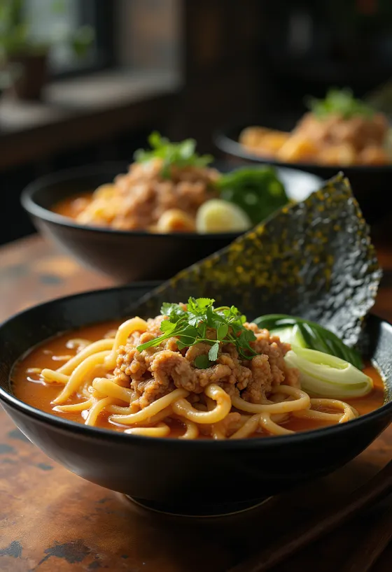Tantanmen ramen phục vụ với nước dùng sốt mè và thịt xay