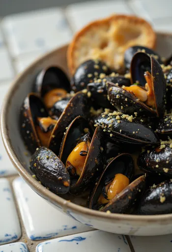 Vẹm đen nướng BBQ được bày ra đĩa