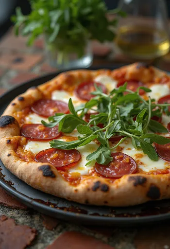 Pizza Diavola với rau arugula và xúc xích cay