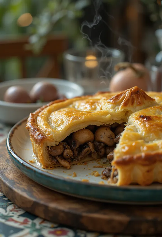 Bánh pie chim bồ câu được phục vụ với lớp vỏ vàng óng.