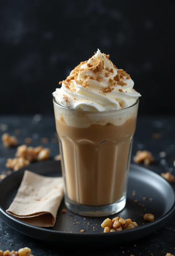 Frappuccino quế óc chó trang trí với kem tươi và quả óc chó xay