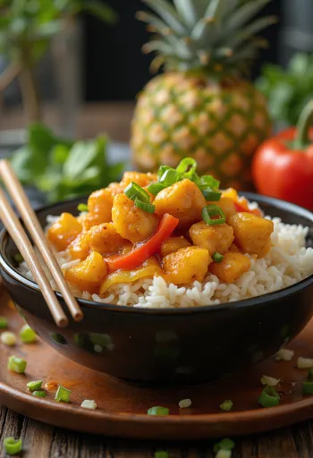 Gà Thái sốt chua ngọt với ớt chuông và dứa, ăn kèm cơm trắng