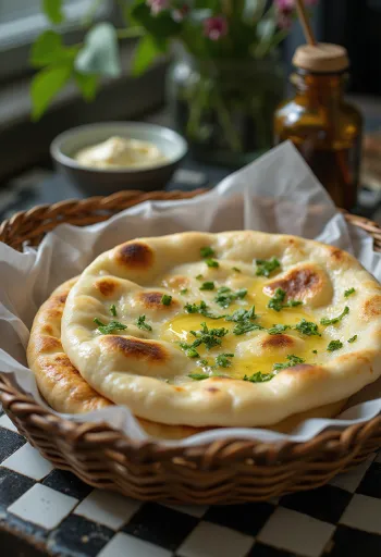 Bánh Naan Tỏi Gấu trang trí với tỏi gấu tươi xanh, phục vụ nóng
