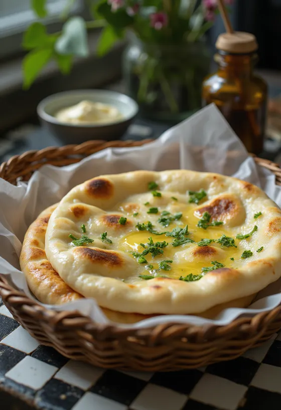 Bánh Naan Tỏi Gấu trang trí với tỏi gấu tươi xanh, phục vụ nóng