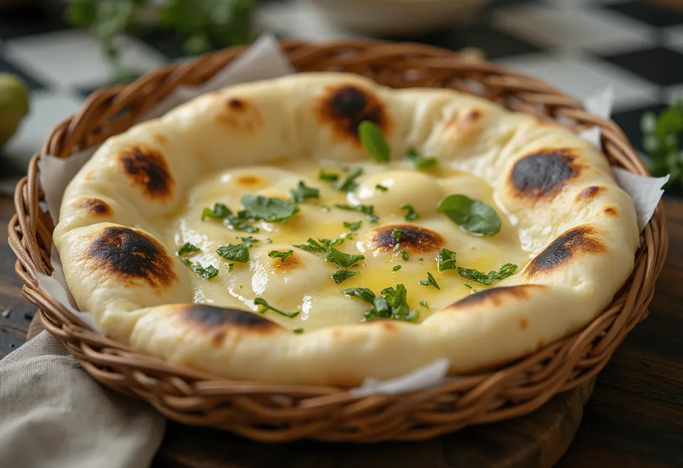 Bánh Naan Tỏi Gấu trang trí với tỏi gấu tươi xanh, phục vụ nóng
