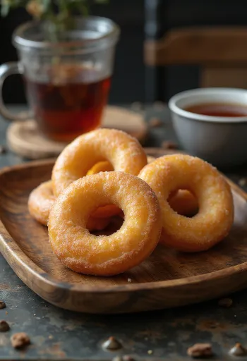 Bánh rán vòng vàng ruộm phủ đường cát trên đĩa