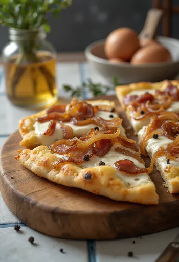 Flammkuchen với kem chua, hành tây và thịt xông khói