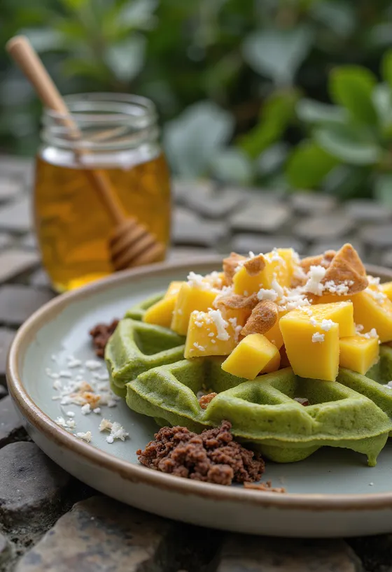 Bánh Waffle Fusion với matcha và xoài