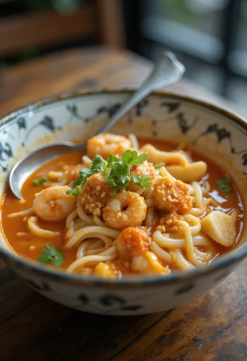 Katong Laksa, súp bún dừa cay Singapore với tôm, chả cá và rau răm trong tô