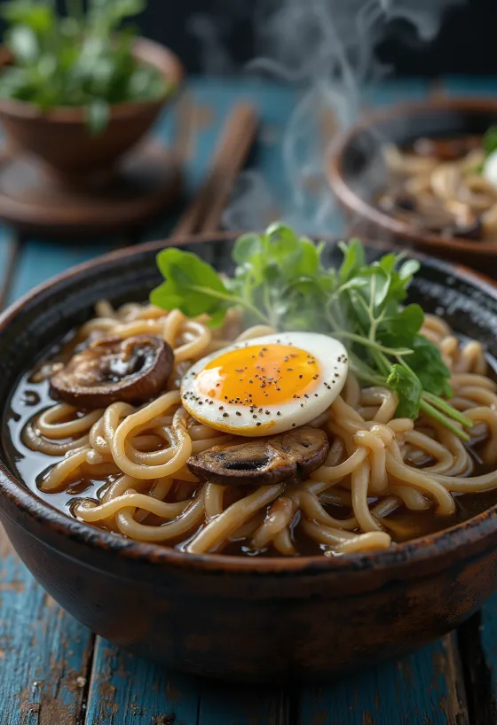 Miso nikomi udon vừa nấu xong, trong nước dùng miso đậm đà, với mì tươi và rau củ