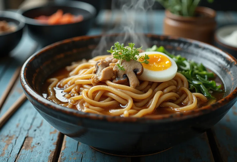 Miso nikomi udon vừa nấu xong, trong nước dùng miso đậm đà, với mì tươi và rau củ