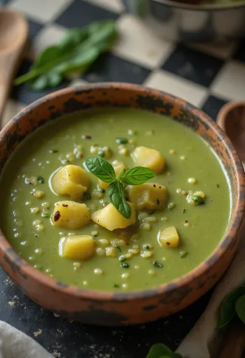 Súp kem khoai tây rau chân vịt được bày ra đĩa