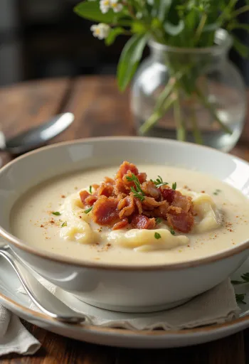 Bát súp kem khoai tây sánh mịn rắc thịt xông khói
