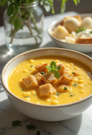 Súp đậu Hà Lan vàng với xúc xích hun khói và ngò tây tươi