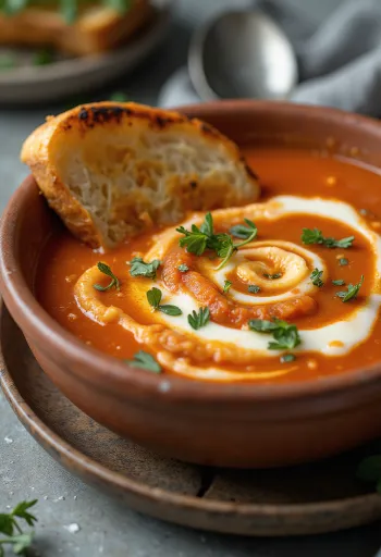 Súp kem cà chua húng quế đỏ tươi trên bàn ăn