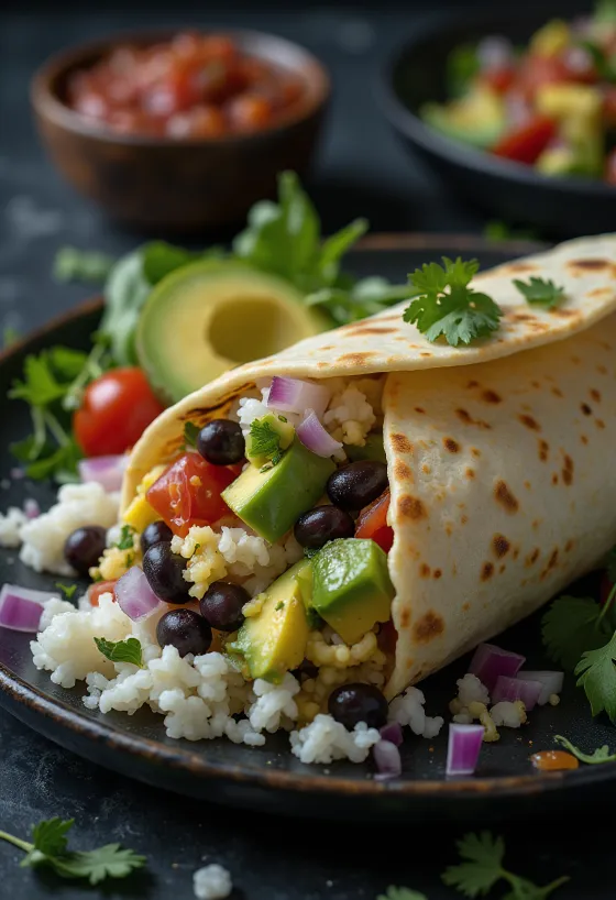 Burrito chay với cơm, đậu, bơ và ngô