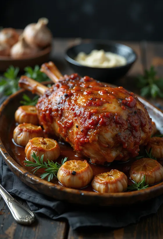 Cừu nướng sốt Ajvar với mùi tây tươi và khoai tây nướng
