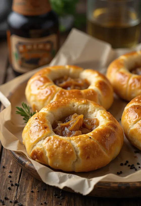 Bánh mì Bialy Ba Lan nướng vàng với nhân hành tây