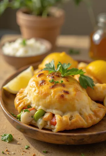 Chilean Empanada de Pescado, bánh empanada nhân cá với rượu vang trắng, vỏ bánh vàng nâu