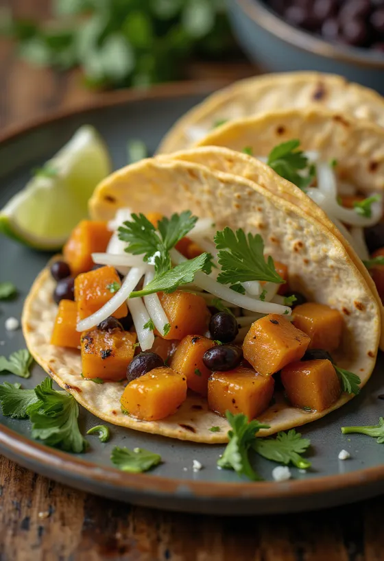 Taco Khoai Lang với khoai lang nướng, đậu đen và rau mùi