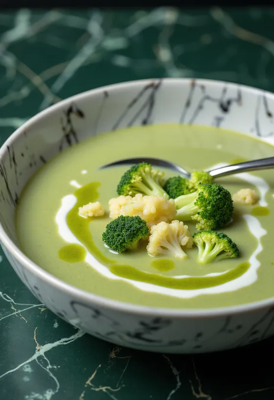 Súp kem súp lơ xanh và súp lơ trắng sánh mịn trong bát