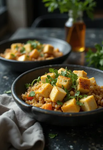 Tô wok quinoa tỏi với những miếng đậu phụ vàng ươm