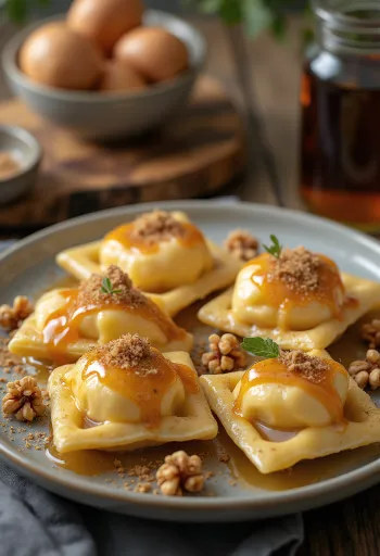 Ravioli quế và caramel được bày biện