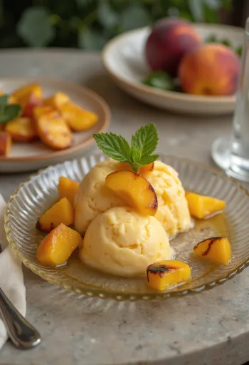 Parfait đào nướng được bày ra ly