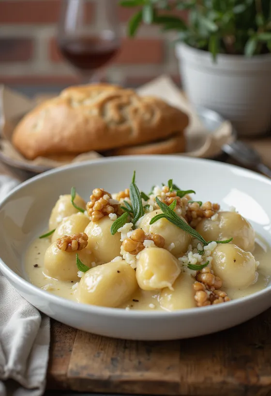 Gnocchi phô mai dê hạt óc chó trên đĩa