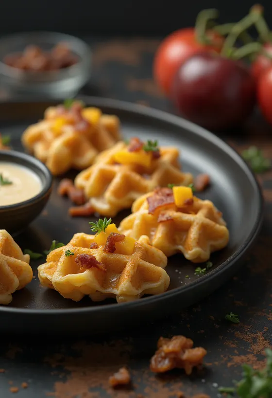 Bánh waffle mặn mini với phô mai cheddar và thịt xông khói