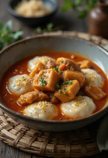 Thịt heo hầm paprika với dumplings phô mai cừu, phục vụ với ngò tây tươi