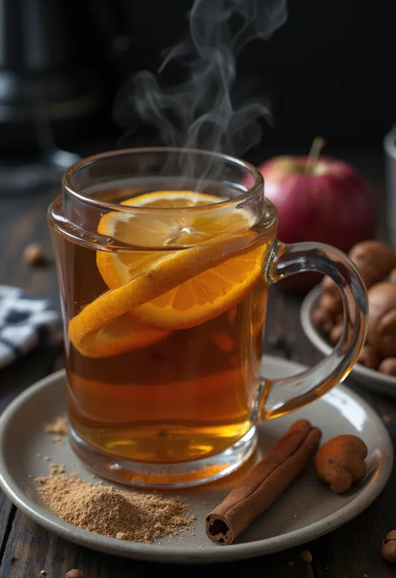 Cider trà đinh hương trong cốc, trang trí với thanh quế và lát cam