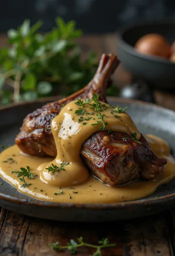 Thỏ rừng quay xốt mù tạt được phục vụ thanh lịch.