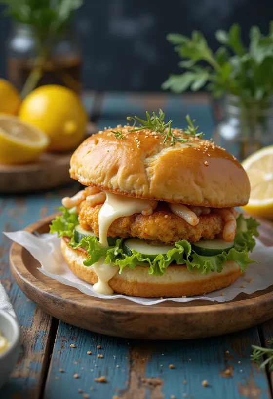 Burger mực với rau tươi được bày ra đĩa