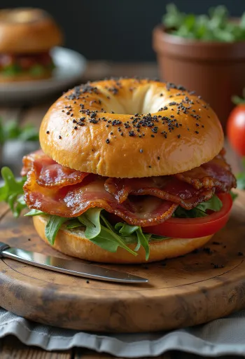 Bagel thịt xông khói được trình bày