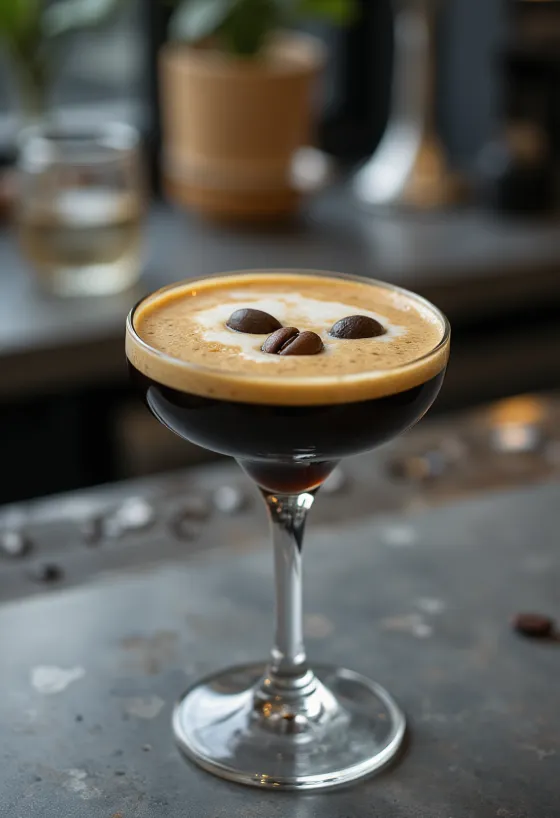 Cocktail Espresso Martini trang trí với ba hạt cà phê