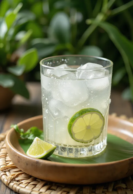 Ly nước dừa trong veo với lá bạc hà xanh