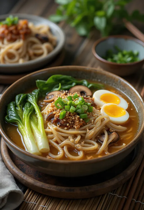Udon-style Ramen với sợi mì to và rau cải chíp