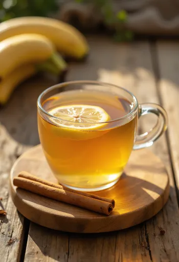 Cốc trà màu vàng nhạt với lát chuối