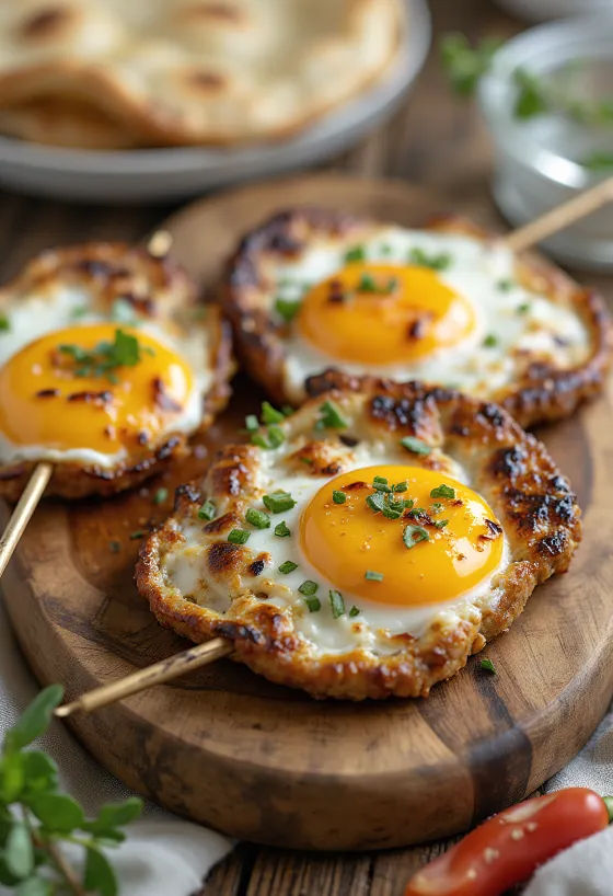 Xiên Patlıcan kebab với cà tím và thịt viên, phục vụ với rau nướng, bánh mì dẹt và lúa mì bulgur