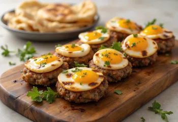 Xiên Patlıcan kebab với cà tím và thịt viên, phục vụ với rau nướng, bánh mì dẹt và lúa mì bulgur
