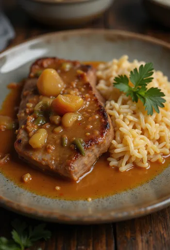 Nạc cổ heo với rau củ hầm và cơm được bày ra đĩa