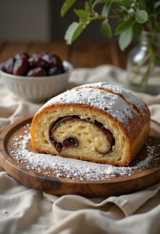 Bánh Stollen chà là hạnh nhân cắt lát được bày biện