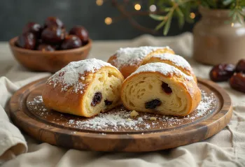 Bánh Stollen chà là hạnh nhân cắt lát được bày biện