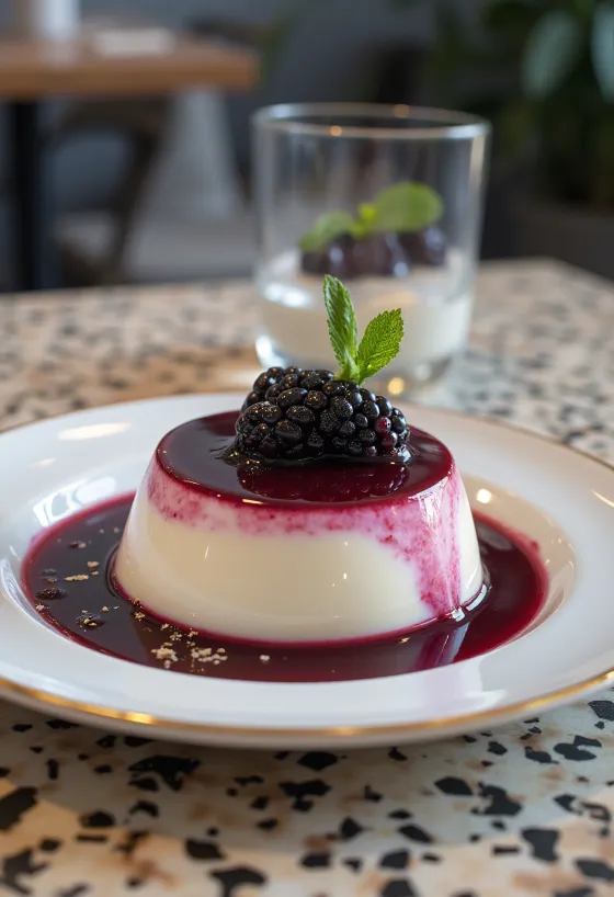Panna cotta trái cây rừng được phục vụ