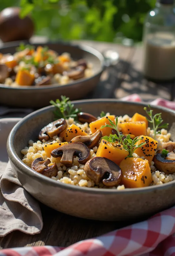 Tô buddha bowl quinoa với nấm xào và khoai lang nướng