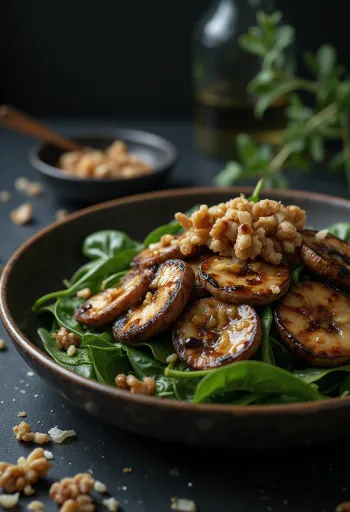 Salad nấm rau chân vịt nướng BBQ được bày ra đĩa