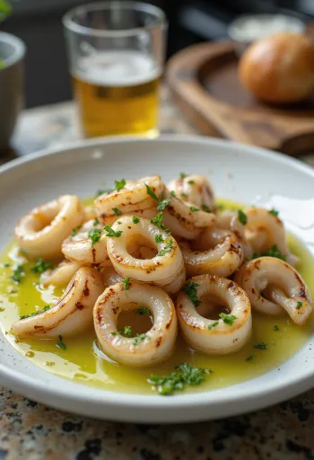 Mực nướng BBQ sốt tỏi trên đĩa