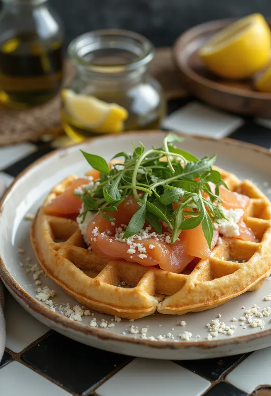Waffle đặc biệt với cá hồi xông khói và phô mai dê
